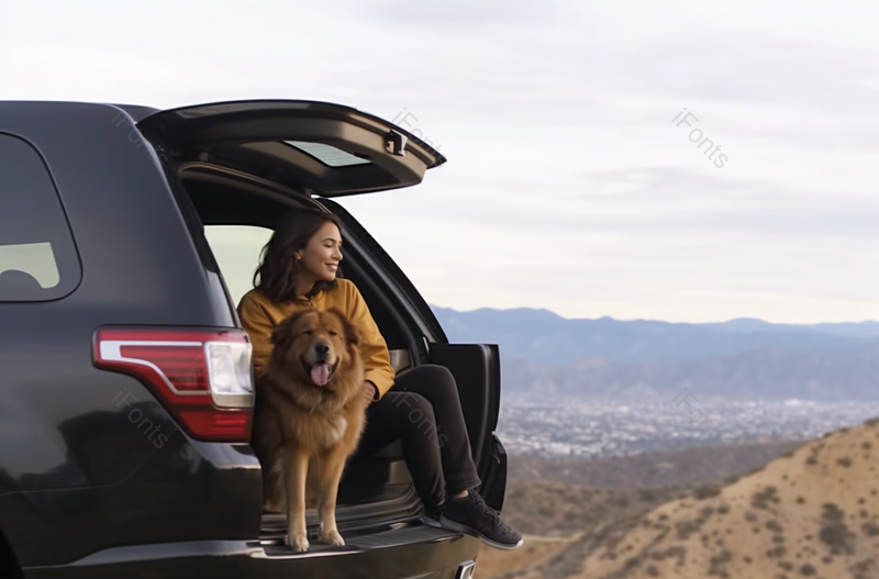 一个年轻女人和她的金毛猎犬坐在车后座看风景,高清,摄影图,摄影图片,图片大全,摄影图免费下载